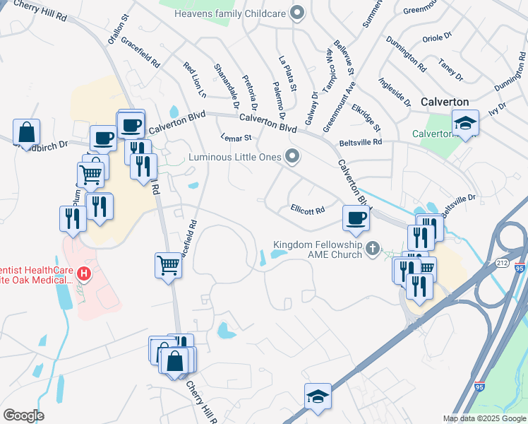 map of restaurants, bars, coffee shops, grocery stores, and more near 2933 Chapelview Drive in Silver Spring