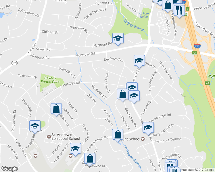 map of restaurants, bars, coffee shops, grocery stores, and more near 8108 Postoak Road in Rockville