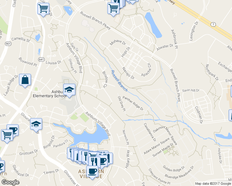map of restaurants, bars, coffee shops, grocery stores, and more near 20375 Old Grey Place in Ashburn