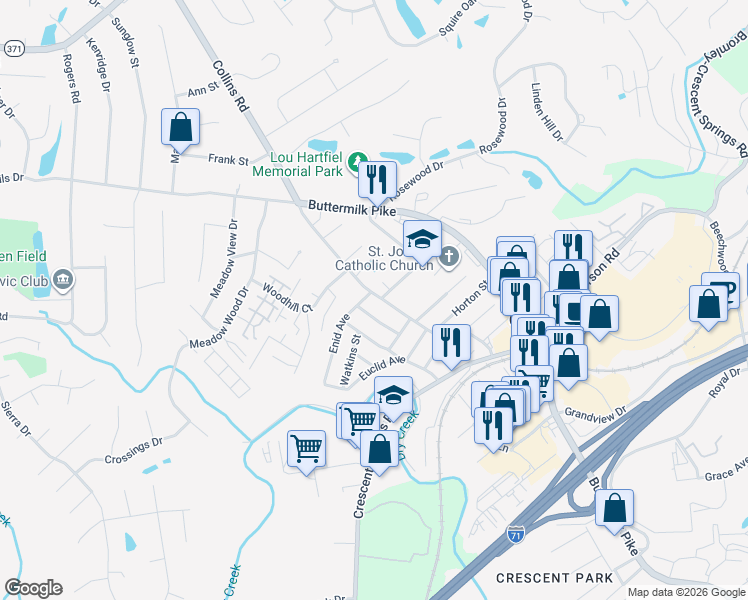 map of restaurants, bars, coffee shops, grocery stores, and more near 2487 Nordman Drive in Crescent Springs