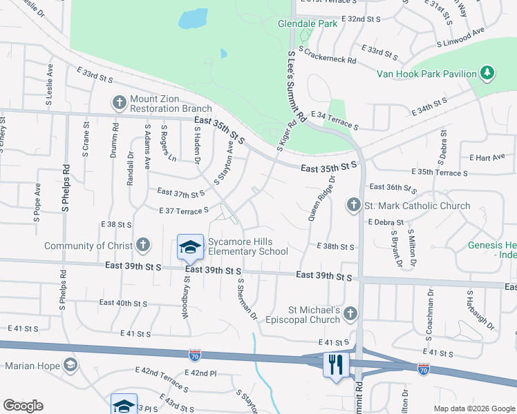 map of restaurants, bars, coffee shops, grocery stores, and more near 3707 South Breckenridge Drive in Independence