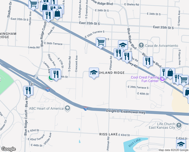 map of restaurants, bars, coffee shops, grocery stores, and more near 9915 East 38 Terrace in Kansas City