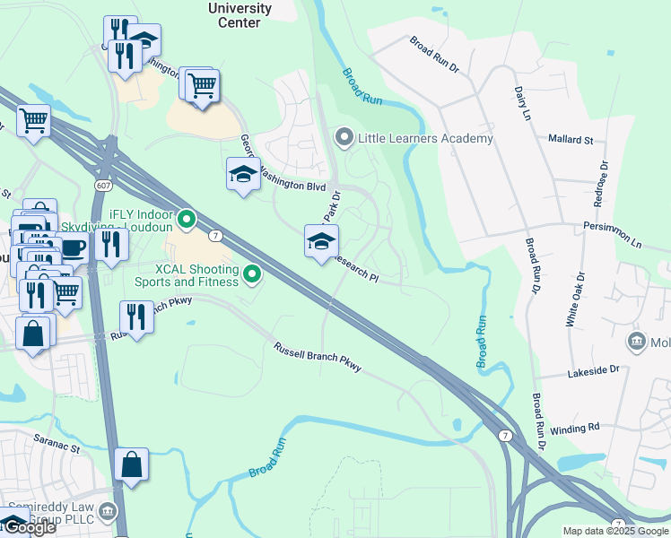 map of restaurants, bars, coffee shops, grocery stores, and more near 45091 Research Place in Ashburn