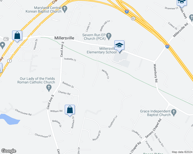 map of restaurants, bars, coffee shops, grocery stores, and more near 1109 Kathy Ann Lane in Millersville