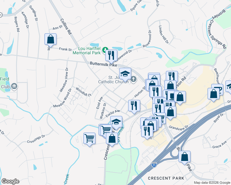 map of restaurants, bars, coffee shops, grocery stores, and more near 2487 Nordman Drive in Crescent Springs