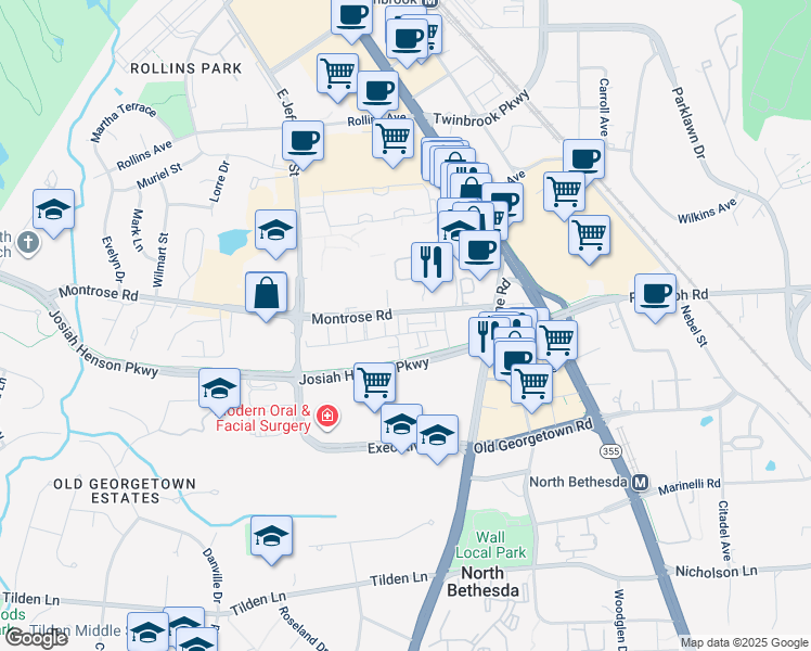 map of restaurants, bars, coffee shops, grocery stores, and more near 11973 Northpark Drive in Rockville