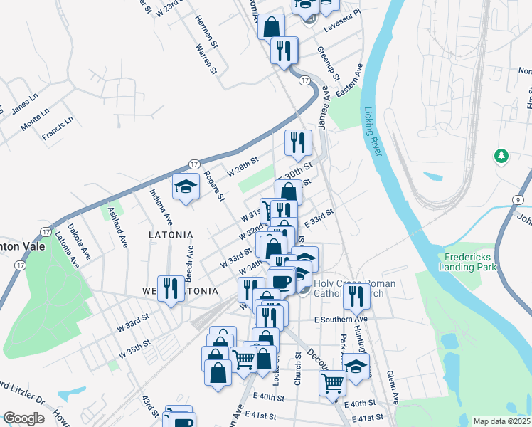 map of restaurants, bars, coffee shops, grocery stores, and more near 13 W 31st St in Covington