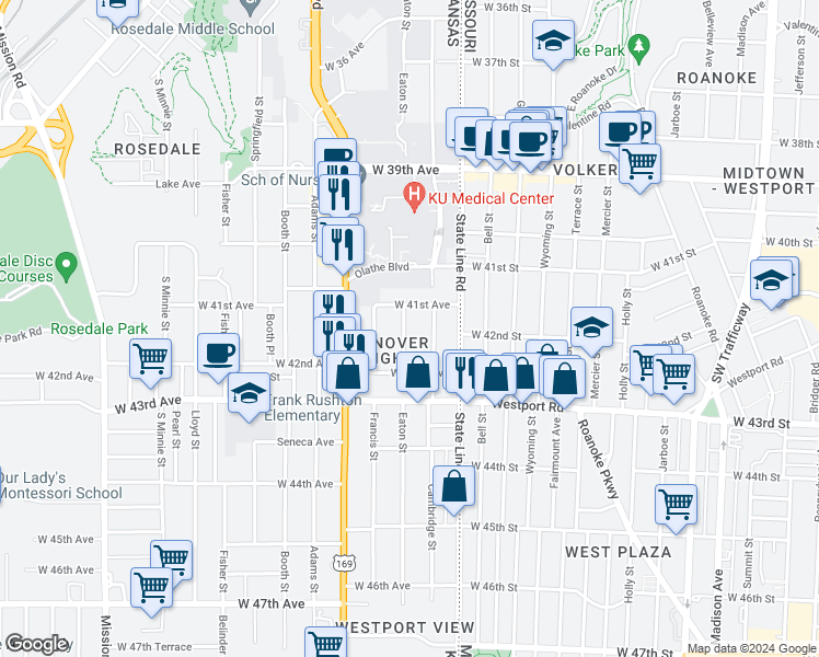 map of restaurants, bars, coffee shops, grocery stores, and more near 4157 Eaton Street in Kansas City