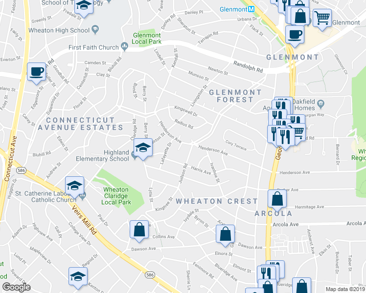 map of restaurants, bars, coffee shops, grocery stores, and more near 2804 Henderson Court in Silver Spring
