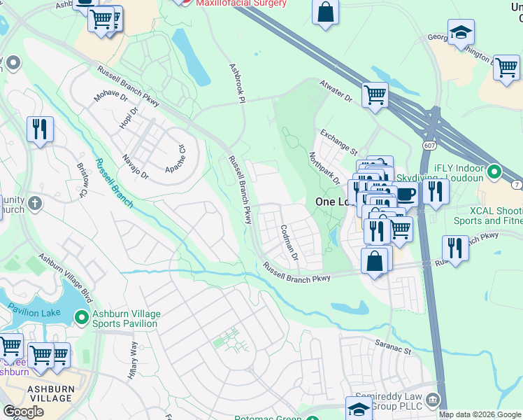 map of restaurants, bars, coffee shops, grocery stores, and more near 20277 Savin Hill Drive in Ashburn