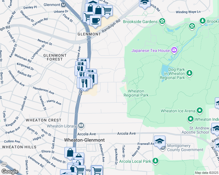map of restaurants, bars, coffee shops, grocery stores, and more near 12027 Saw Mill Court in Silver Spring