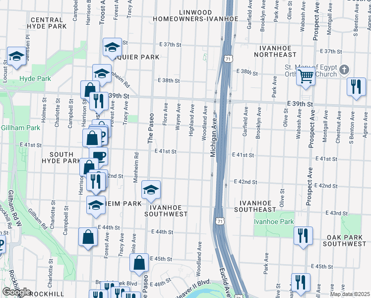 map of restaurants, bars, coffee shops, grocery stores, and more near 1616 East 41st Street in Kansas City