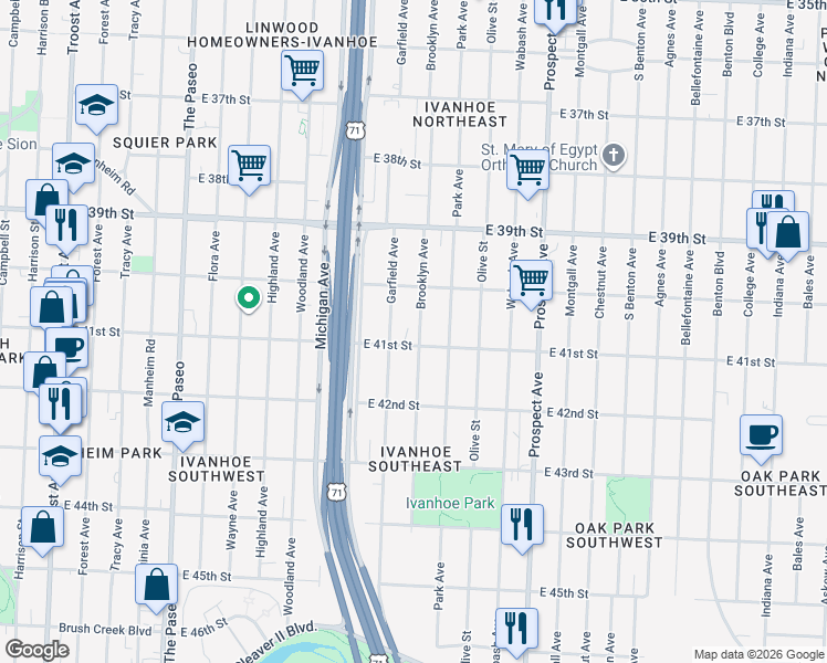 map of restaurants, bars, coffee shops, grocery stores, and more near 4036 Brooklyn Avenue in Kansas City