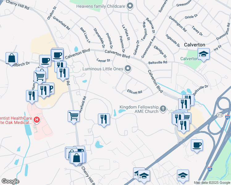 map of restaurants, bars, coffee shops, grocery stores, and more near 2933 Chapelview Drive in Silver Spring