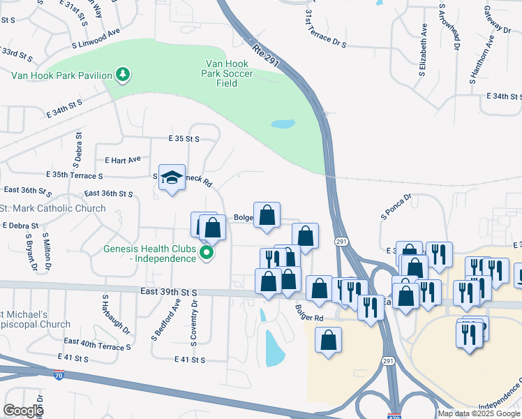 map of restaurants, bars, coffee shops, grocery stores, and more near 17800 Bolger Road in Independence
