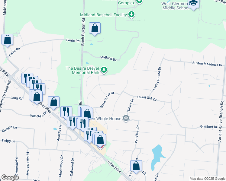 map of restaurants, bars, coffee shops, grocery stores, and more near 3849 Bach Grove Court in Amelia