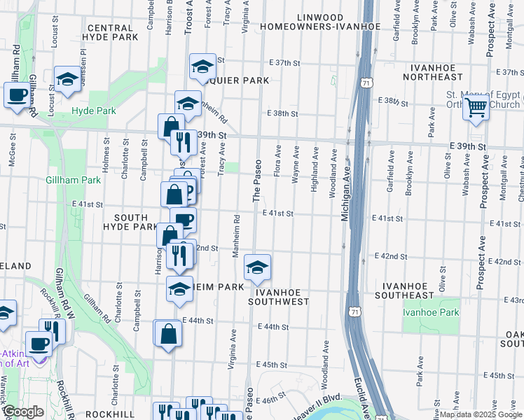 map of restaurants, bars, coffee shops, grocery stores, and more near 4043 The Paseo in Kansas City