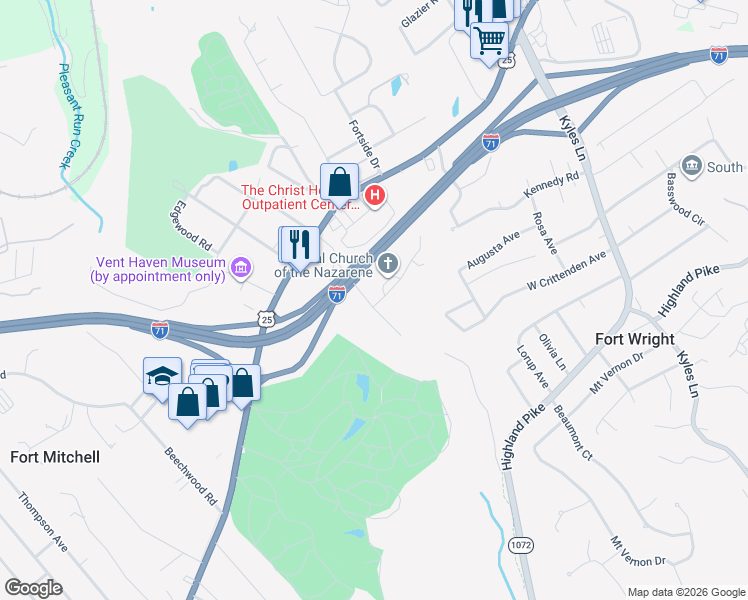 map of restaurants, bars, coffee shops, grocery stores, and more near 34 East Orchard Road in Fort Mitchell