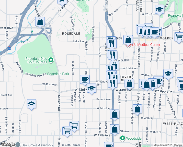 map of restaurants, bars, coffee shops, grocery stores, and more near 4123 Springfield Street in Kansas City