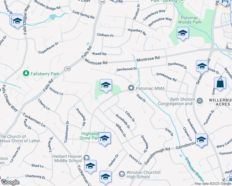 map of restaurants, bars, coffee shops, grocery stores, and more near 8505 Postoak Road in Potomac