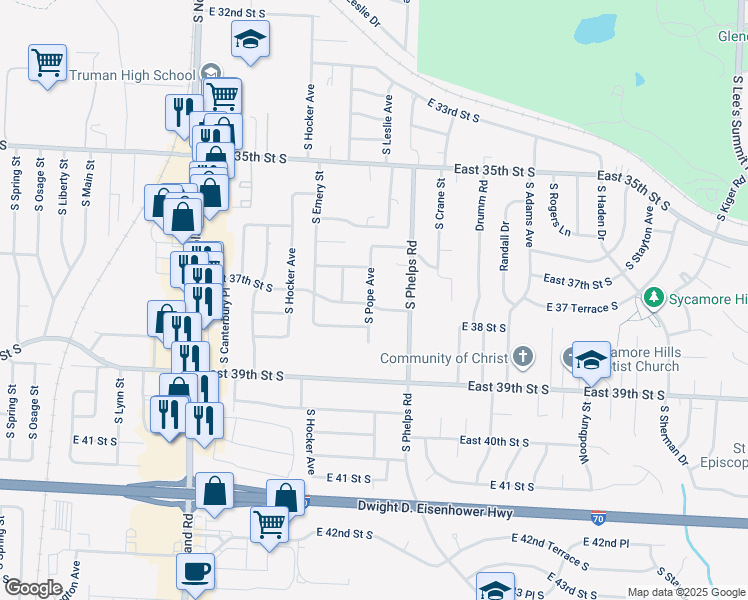 map of restaurants, bars, coffee shops, grocery stores, and more near 14512 East 37th Street South in Independence
