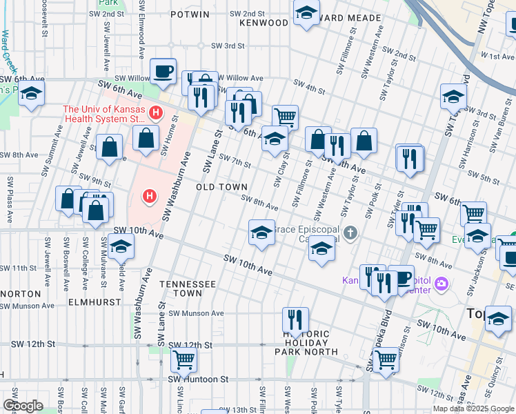 map of restaurants, bars, coffee shops, grocery stores, and more near 1109 Southwest 8th Avenue in Topeka
