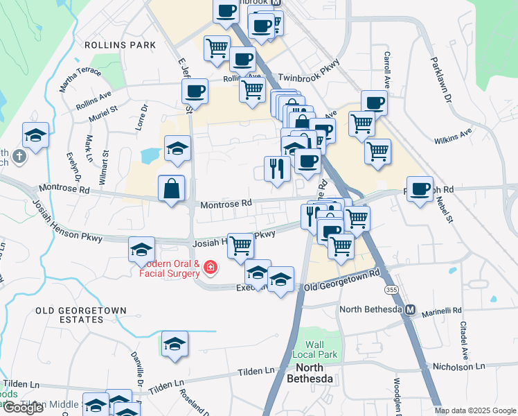 map of restaurants, bars, coffee shops, grocery stores, and more near 11973 Northpark Drive in Rockville