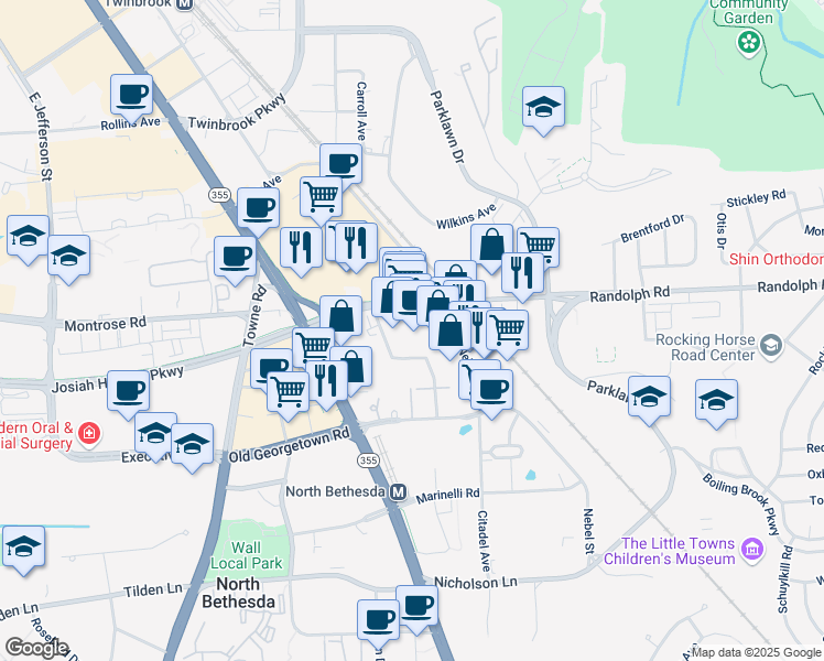 map of restaurants, bars, coffee shops, grocery stores, and more near 5550 Randolph Road in Rockville
