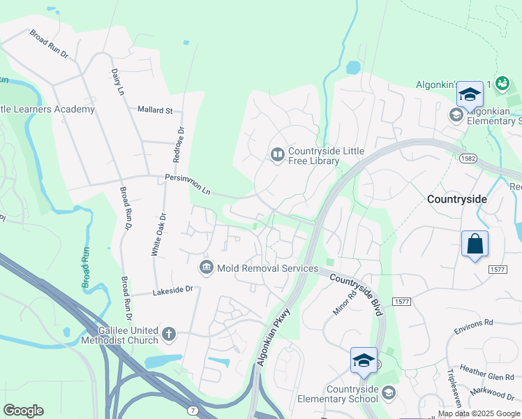 map of restaurants, bars, coffee shops, grocery stores, and more near 16 Southall Court in Sterling