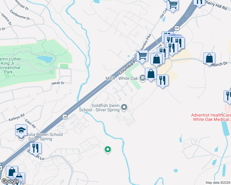 map of restaurants, bars, coffee shops, grocery stores, and more near 1841 Bronzegate Boulevard in Silver Spring