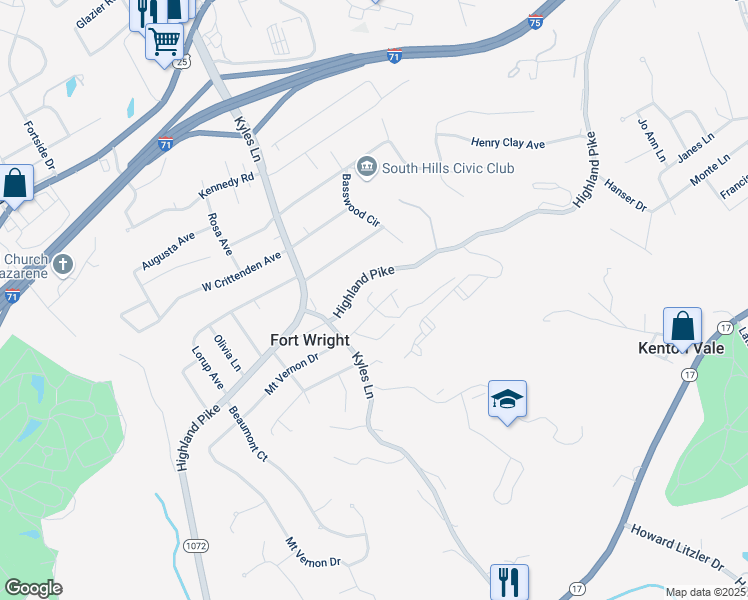 map of restaurants, bars, coffee shops, grocery stores, and more near 1640 Castle Hill Lane in Fort Wright