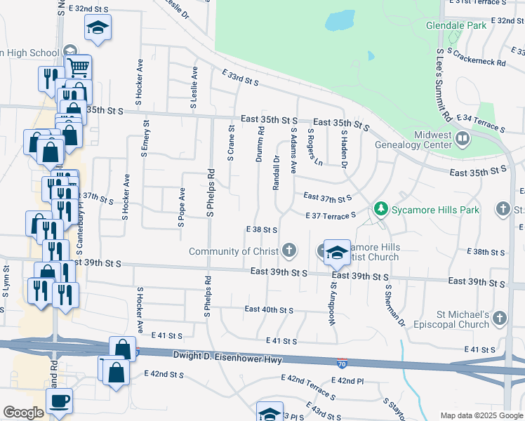 map of restaurants, bars, coffee shops, grocery stores, and more near 3713 Drumm Road in Independence