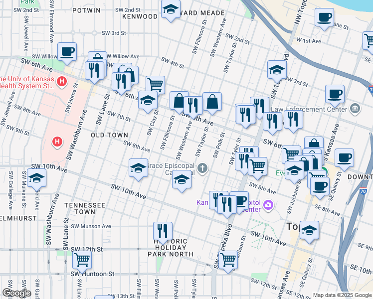 map of restaurants, bars, coffee shops, grocery stores, and more near 712 SW Western Ave in Topeka