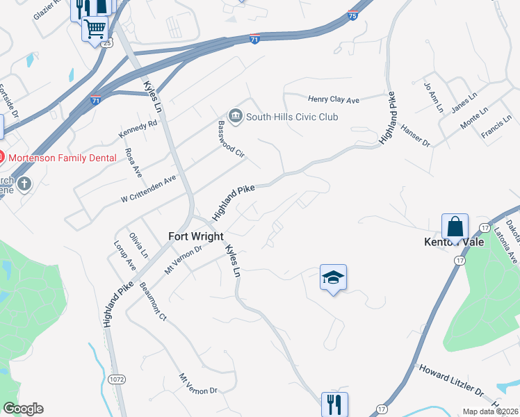 map of restaurants, bars, coffee shops, grocery stores, and more near 518 Kluemper Court in Covington