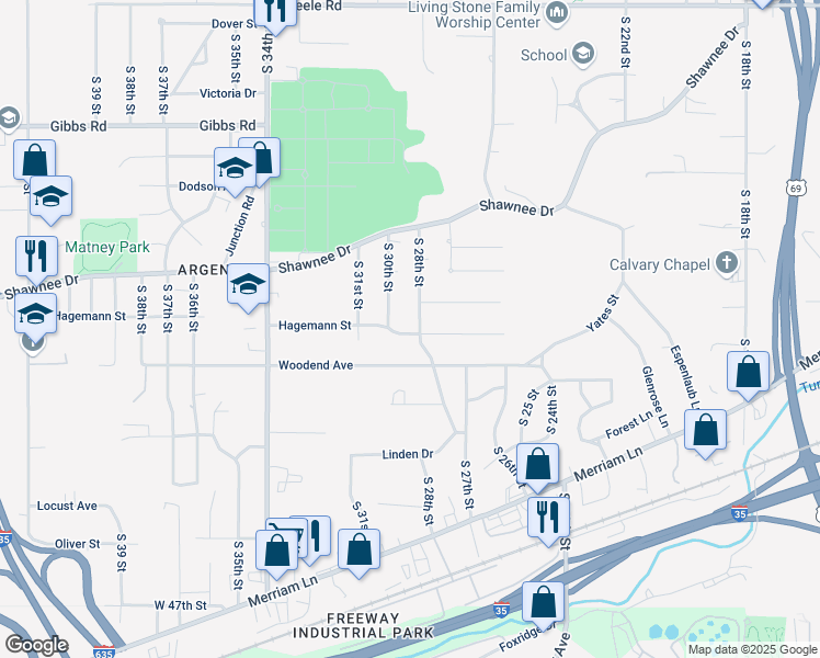 map of restaurants, bars, coffee shops, grocery stores, and more near 2658 S 28th St in Kansas City