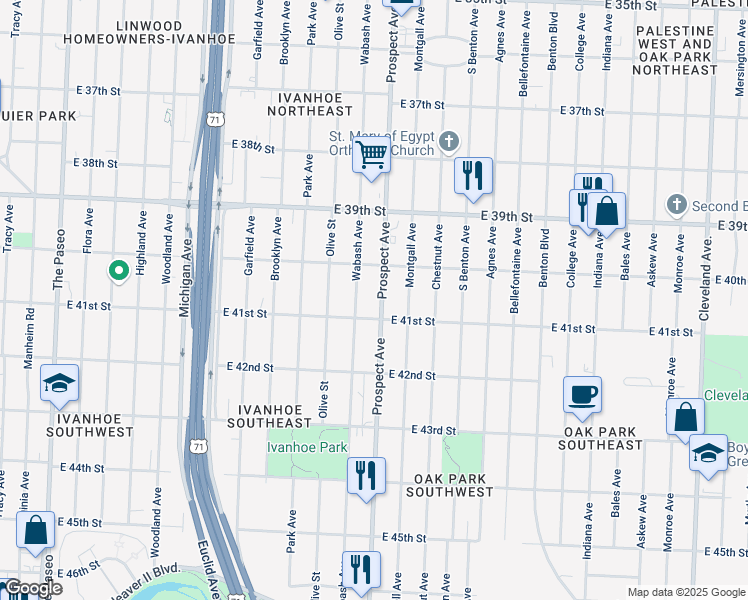 map of restaurants, bars, coffee shops, grocery stores, and more near 4030 Prospect Avenue in Kansas City