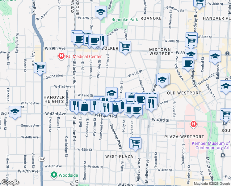 map of restaurants, bars, coffee shops, grocery stores, and more near 4143 Mercier Street in Kansas City