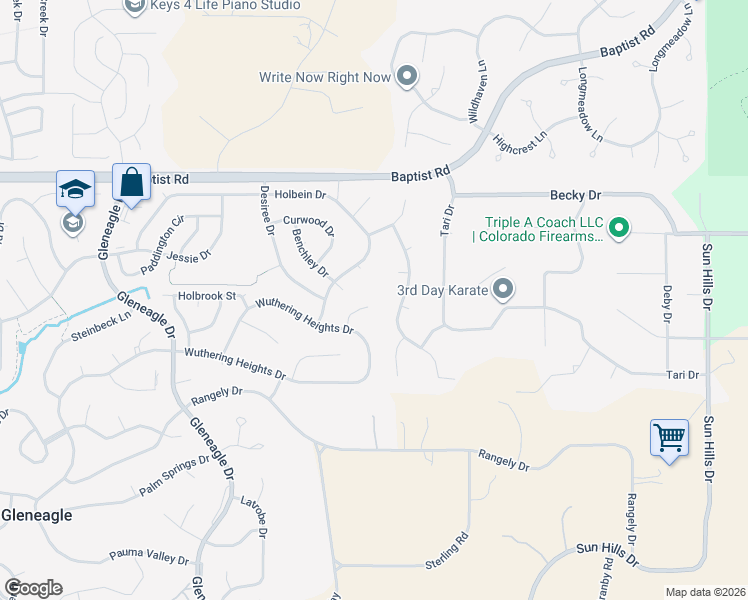 map of restaurants, bars, coffee shops, grocery stores, and more near 15270 Renoir Place in Colorado Springs