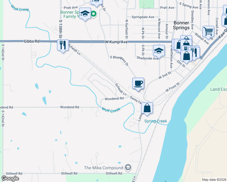 map of restaurants, bars, coffee shops, grocery stores, and more near 31 Lilac Lane in Bonner Springs