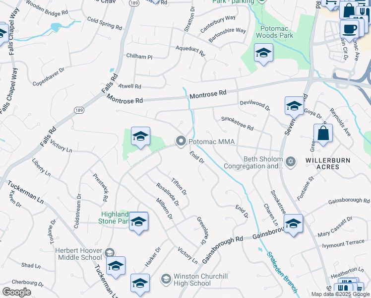 map of restaurants, bars, coffee shops, grocery stores, and more near 11910 Enid Drive in Rockville
