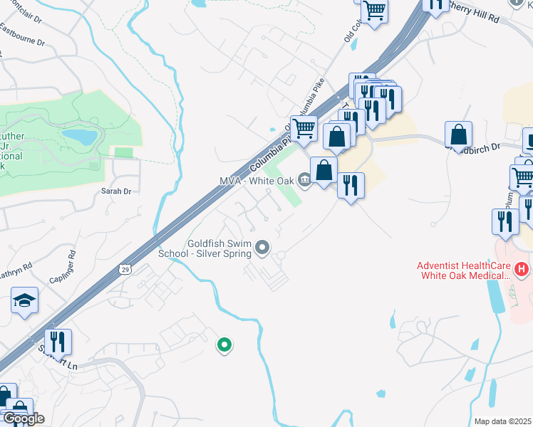 map of restaurants, bars, coffee shops, grocery stores, and more near 12034 Bronzegate Place in Silver Spring