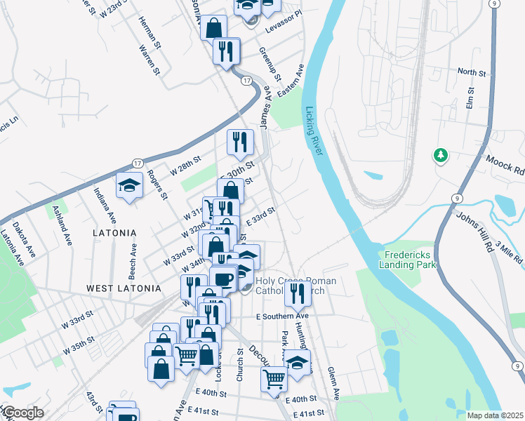 map of restaurants, bars, coffee shops, grocery stores, and more near 126 East 33rd Street in Covington