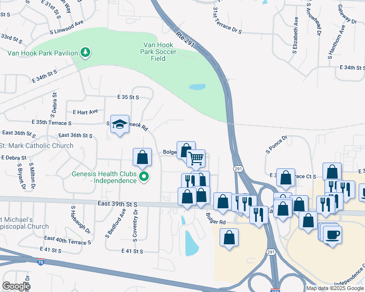 map of restaurants, bars, coffee shops, grocery stores, and more near 17800 Bolger Road in Independence
