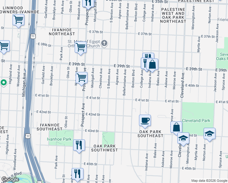 map of restaurants, bars, coffee shops, grocery stores, and more near 4026 Agnes Avenue in Kansas City