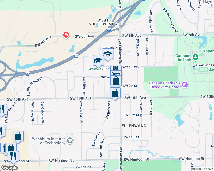 map of restaurants, bars, coffee shops, grocery stores, and more near 5231 Southwest West Drive in Topeka