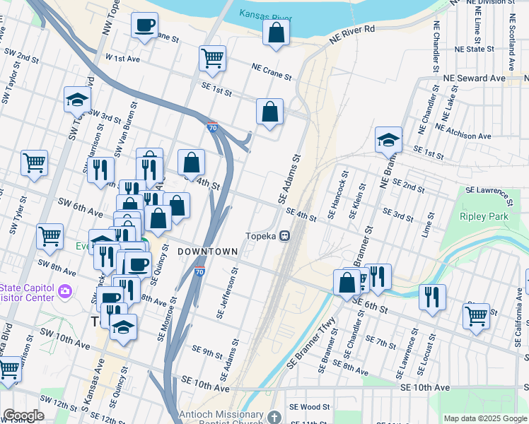 map of restaurants, bars, coffee shops, grocery stores, and more near 401-499 Southeast Adams Street in Topeka