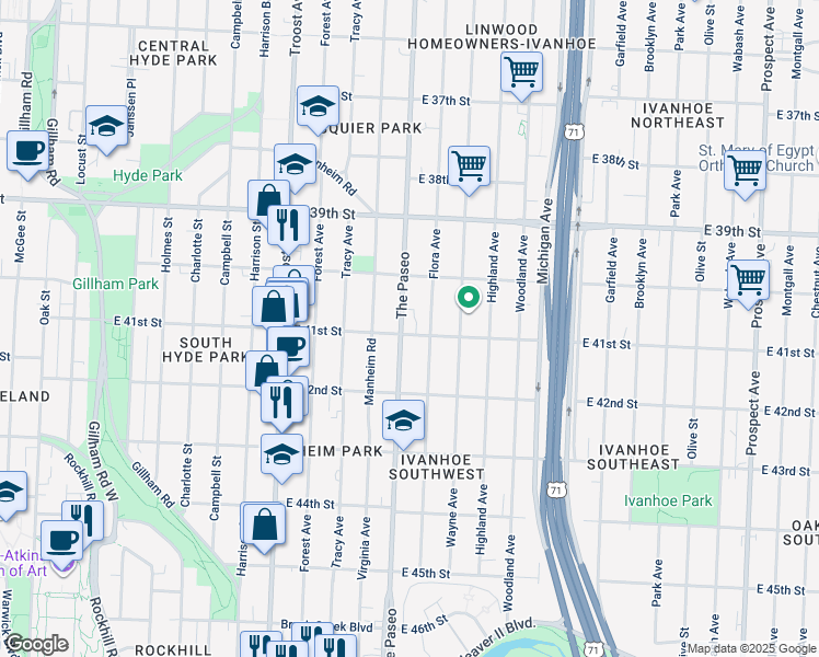 map of restaurants, bars, coffee shops, grocery stores, and more near 4043 The Paseo in Kansas City