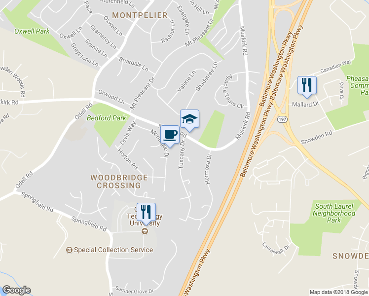 map of restaurants, bars, coffee shops, grocery stores, and more near 11731 Tuscany Drive in Laurel