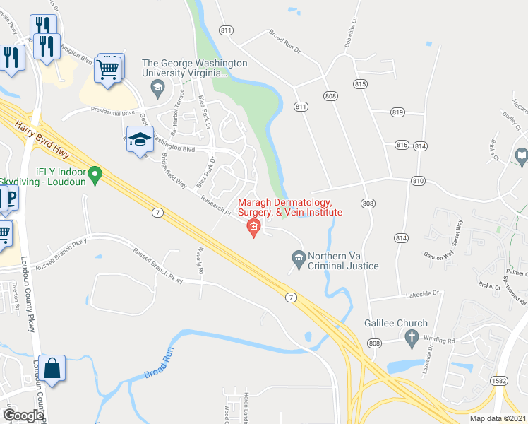 map of restaurants, bars, coffee shops, grocery stores, and more near 20325 River Ridge Terrace in Ashburn