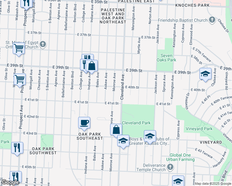 map of restaurants, bars, coffee shops, grocery stores, and more near 4019 Monroe Avenue in Kansas City